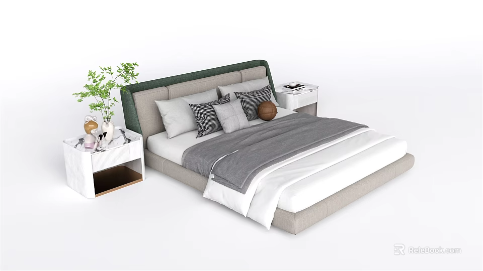 Modern Double Bed Featuring Green Headboard Gray Brown Pillows and White Nightstands 3d model
