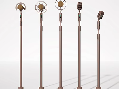 Vintage Brown Floor Standing Microphones With Various Retro Top Designs 3d model