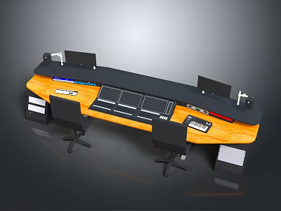 Professional Control Workstation With Wooden Surface Black Panel Multiple Monitors And Ergonomic Chairs 3d model