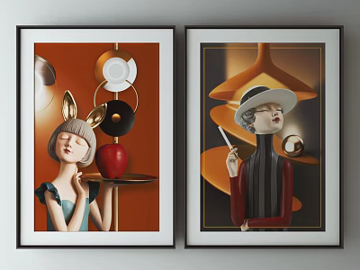 Two Framed Decorative Paintings Featuring Female Figures Rabbit Ears Red Apple Hat And Orange Background 3d model