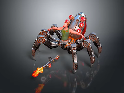 Game and Movie Character Riding Futuristic Mechanical Spider With Red Lights and Flaming Weapon 3d model