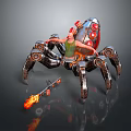 Game and Movie Character Riding Futuristic Mechanical Spider With Red Lights and Flaming Weapon