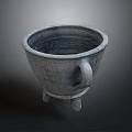 Hand Carved Gray Three Legged Vessel Sculpture With Handle And Classic Design