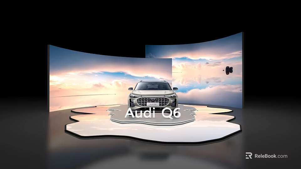 Sleek Audi Q6 Display on Modern Platform with Scenic Sky Backdrop and Reflective Surface 3d model 