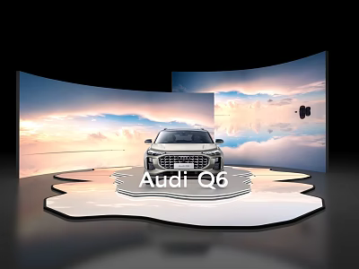 Sleek Audi Q6 Display on Modern Platform with Scenic Sky Backdrop and Reflective Surface 3d model