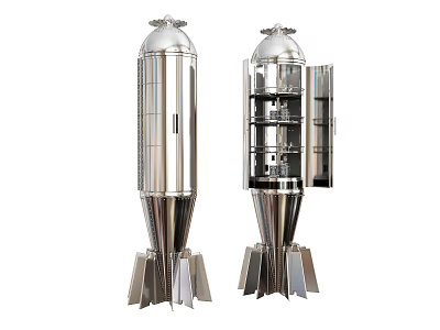 Silver Rocket Shaped Wine Cabinet Featuring Open Door And Multiple Storage Shelves 3d model