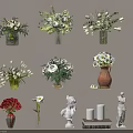 Various Decorative Flower Vases With White Red Blooms And Green Foliage