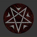 Round Table With Red Tabletop Featuring White Pentagram Pattern And Silver Metal Legs