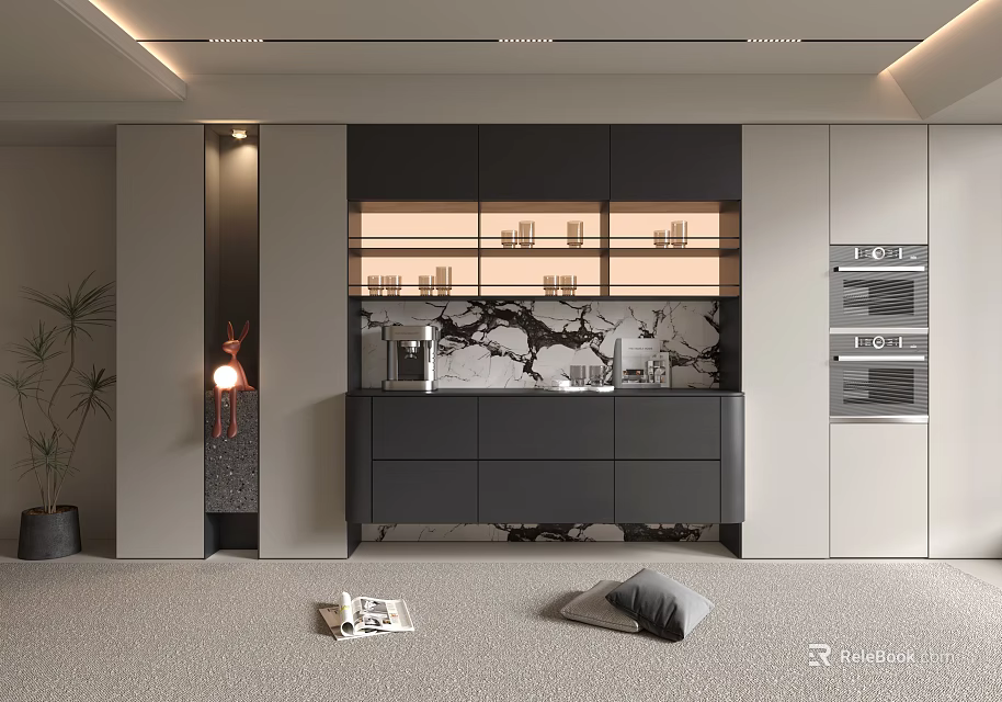 Modern Minimalist Dark Sideboard Cabinet With Built In Warm Lights And Large Storage Space 3d model 