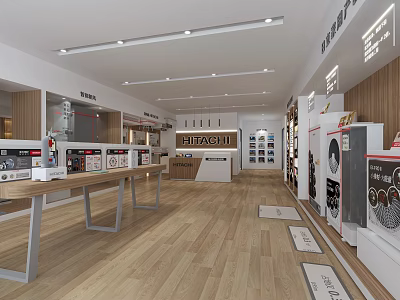 LITAO SHI Showroom Interior With Wooden Display Tables And Product Exhibits 3d model