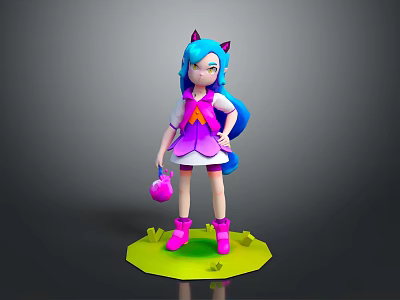 Cute Cat Eared Character With Blue Hair In Pink Dress Holding Pink Bag On Green Base 3d model