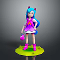 Cute Cat Eared Character With Blue Hair In Pink Dress Holding Pink Bag On Green Base