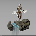 White Winged Warrior Standing on Rocky Outcrop Holding Bow by Flowing Waterfall