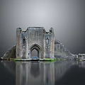 Ancient Castle Ruins With Ruined Stone Walls Arched Doorway Green Grass And Water Reflection