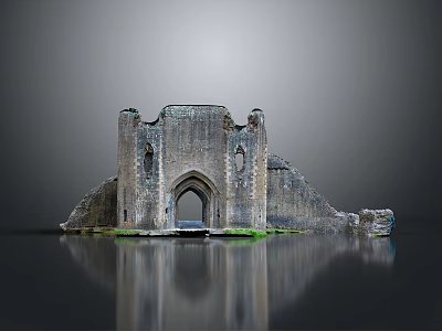 Ancient Castle Ruins With Ruined Stone Walls Arched Doorway Green Grass And Water Reflection 3d model