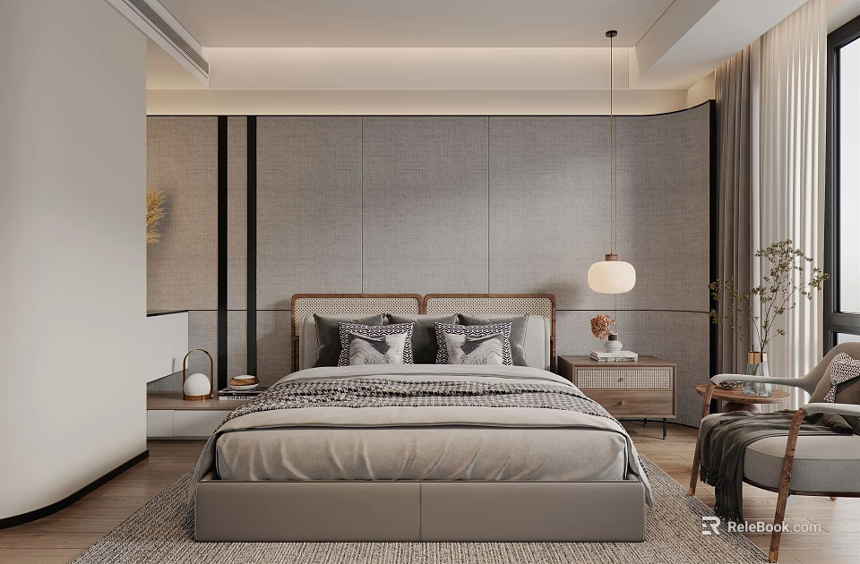 Modern Elegant Bedroom Interior With Upholstered Bed Nightstand Pendant Light And Curtains 3d model 