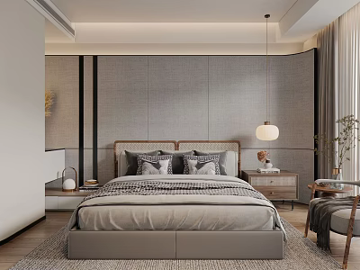 Modern Elegant Bedroom Interior With Upholstered Bed Nightstand Pendant Light And Curtains 3d model