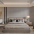 Modern Elegant Bedroom Interior With Upholstered Bed Nightstand Pendant Light And Curtains