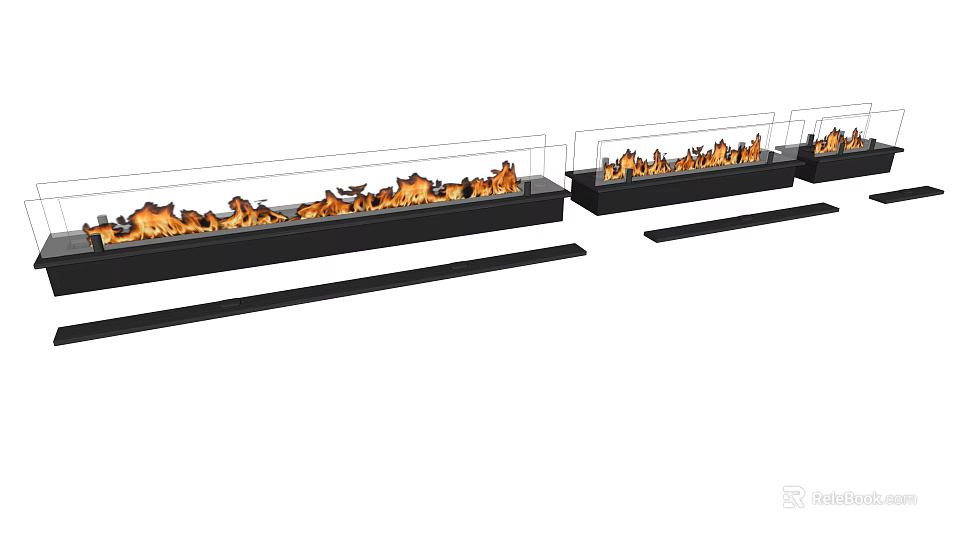 Modern Multiple Linear Black Fireplaces With Realistic Flames For Home Interior 3d model 