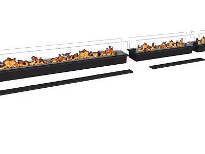 Modern Multiple Linear Black Fireplaces With Realistic Flames For Home Interior 3d model