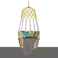 Stylish Cozy Hanging Chair With Golden Woven Frame Colorful Cushions And Soft Blanket