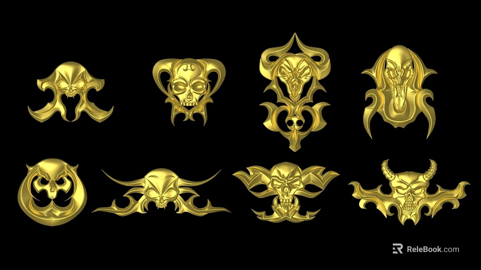Various Artistic Gold Demon Skull Sculptures With Intricate Ornate Carving Designs 3d model 