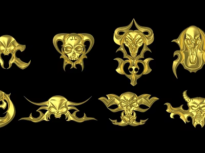 Various Artistic Gold Demon Skull Sculptures With Intricate Ornate Carving Designs 3d model