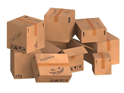 Various Sizes Stacked Cardboard Cartons With Fragile Signs And Shipping Labels 3d model