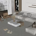 Modern Living Room With Gray Sofa Wooden Armchairs Marble Coffee Table And Striped Wall Design