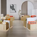 Modern Curved Wooden Display Shelves Showcasing Various Products In Retail Store