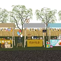 Outdoor Market Stalls With Various Products Trees Balloons And Awnings