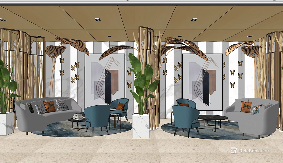 Elegant Modern Hotel Public Lounge Area With Blue Chairs Coffee Tables And Large Plant 3d model 