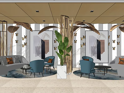 Elegant Modern Hotel Public Lounge Area With Blue Chairs Coffee Tables And Large Plant 3d model