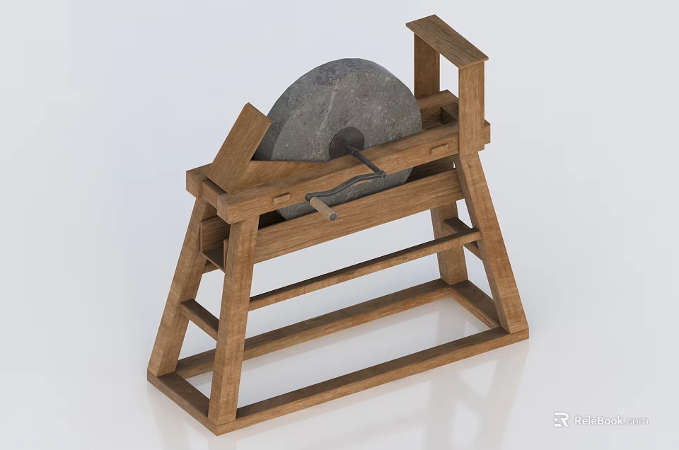 Rustic Garden Ornament With Wooden Frame And Stone Grinding Wheel 3d model 