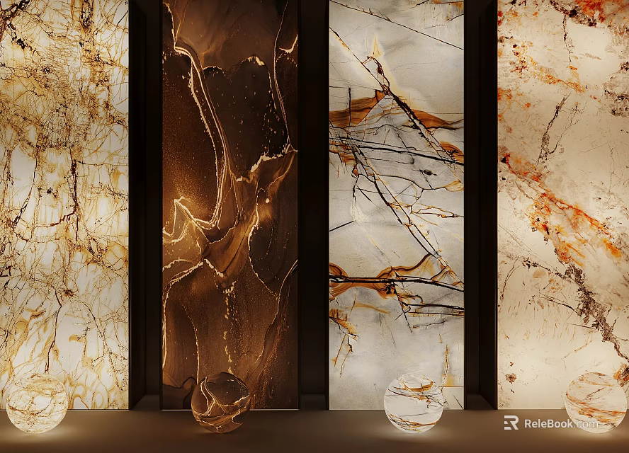 Modern Decorative Wall Panels with Various Marble Textures and Ambient Lighting Design 3d model