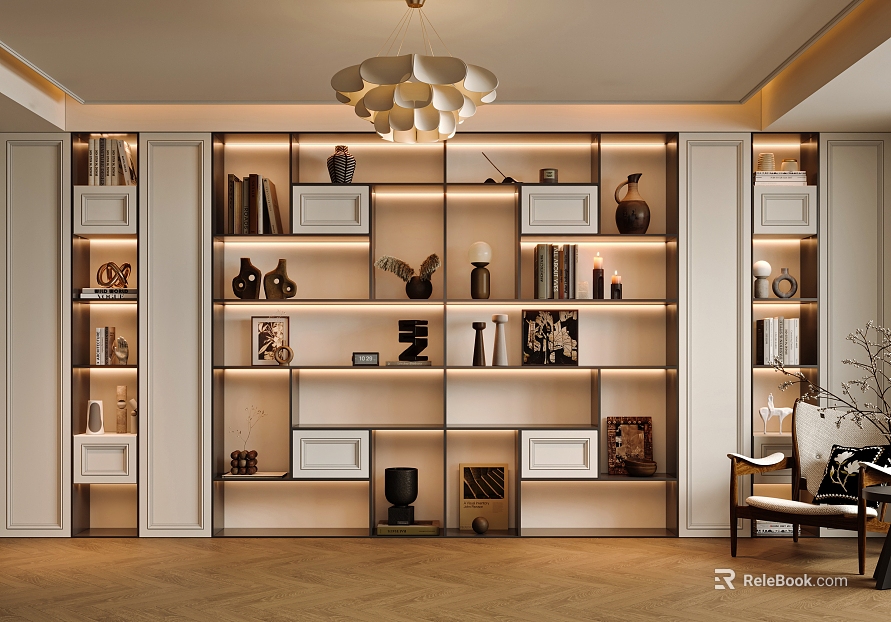 French Style Casual Study Whole Wall Bookcase Display Cabinet Casual Room Study TV Wall texture