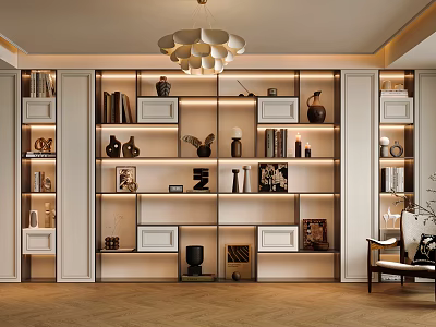 Modern Built in Bookcase with Decorative Items Books Vases Frames and LED Lighting 3d model