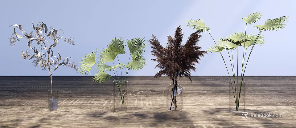 Modern Interior Decor With Glass Vases Holding Palm Leaves And Feathery Plants On Wooden Table 3d model 