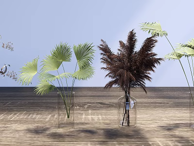 Modern Interior Decor With Glass Vases Holding Palm Leaves And Feathery Plants On Wooden Table 3d model