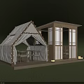 Wooden Cabin with Tent Style Roof Open Design Tables Chairs Light Decorations on Green Lawn