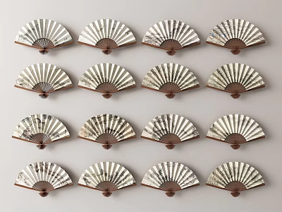 Traditional Patterned Wooden Fans Hanging As Wall Decor In Grid Design 3d model