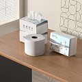 Household Tissue Boxes And Toilet Paper Roll On Wooden Table With Window And Geometric Wall