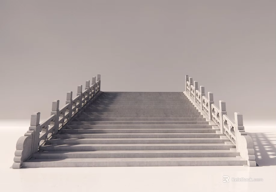 Long Gray Stone Stairs With White Railings on Both Sides Modern Simple Design 3d model 