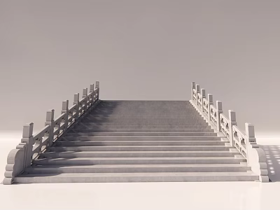 Long Gray Stone Stairs With White Railings on Both Sides Modern Simple Design 3d model