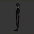 Man In Futuristic Black Armor With Red Shoulders Displaying Arms Outstretched On Gray Background