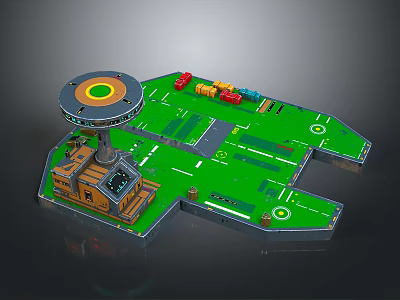 3D Model Scene With Green Platform Circular Tower Colored Blocks Brown Hut And White Markers 3d model