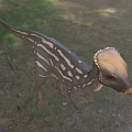 Realistic Reptile Dinosaur Model with Striped Body and Crested Head in Grassland with Trees Background