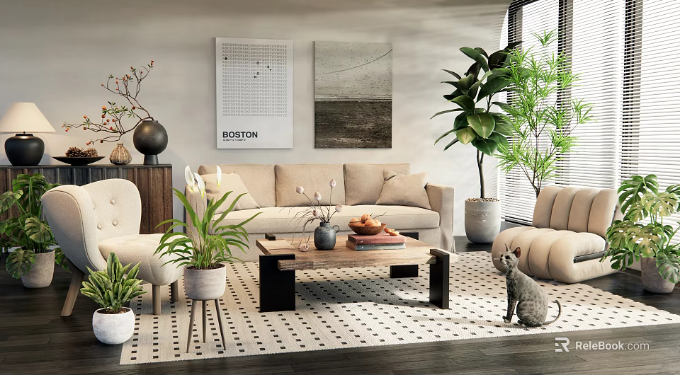 Modern Living Room Interior With Beige Sofa Wooden Coffee Table Green Plants And Patterned Rug 3d model 