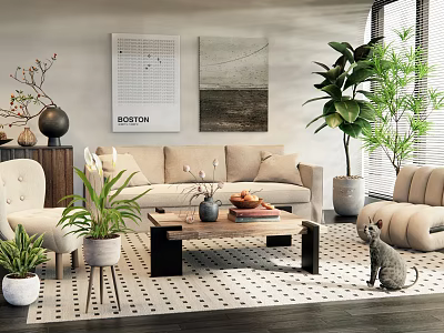 Modern Living Room Interior With Beige Sofa Wooden Coffee Table Green Plants And Patterned Rug 3d model