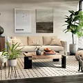 Modern Living Room Interior With Beige Sofa Wooden Coffee Table Green Plants And Patterned Rug